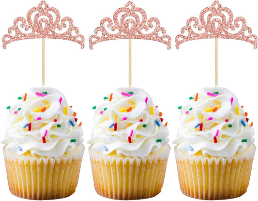 Gyufise 24Pcs Rose Gold Princess Crown Cupcake Toppers Glitter Princess Cake Pick Decorations for Wedding Girl Birthday Baby Shower Party Decorations