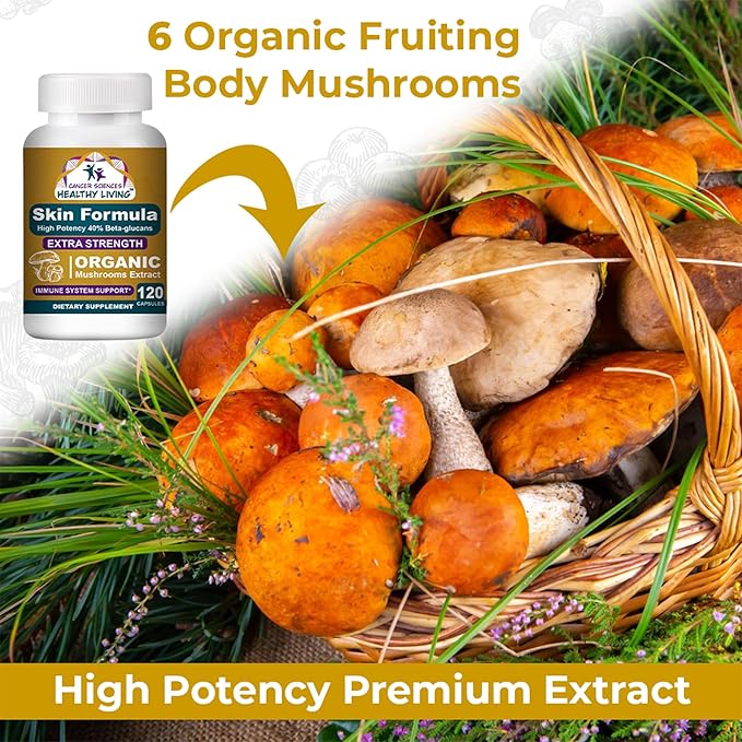 Cancer Sciences Skin Wellness Supplement, USDA Certified Organic Extract Mushrooms Supplement, Extra Strength 1,500 mg, High Potency 40% Beta-Glucans, Immune Support, Glowing Complexion, 120 Capsules