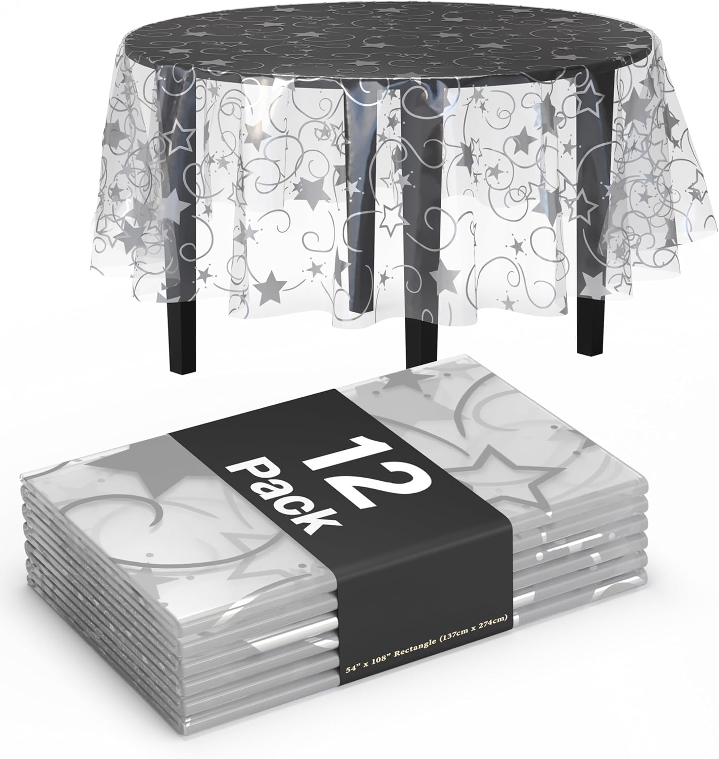 Exquisite Clear Silver Star Tablecloth Plastic 12-Pack Disposable Round Tablecloths 84" Silver Star Table Cloths Round Table Covers Plastic Tablecloth for Party Decorations