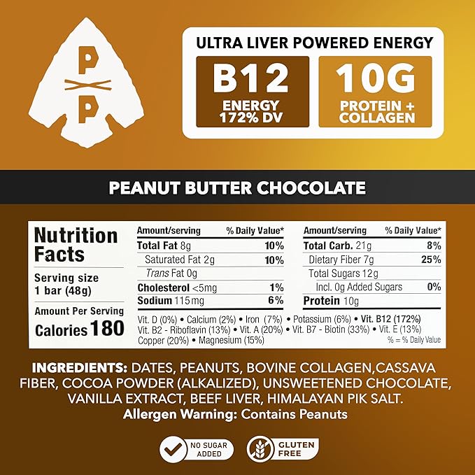Primal Power Liver Powered Nutrition Bars - B12 Energy Boost, 10g Protein, Vitamins, Minerals, Collagen, Zero Added Sugar, Gluten Free - Pack of 12 (Peanut Butter Chocolate Flavor)