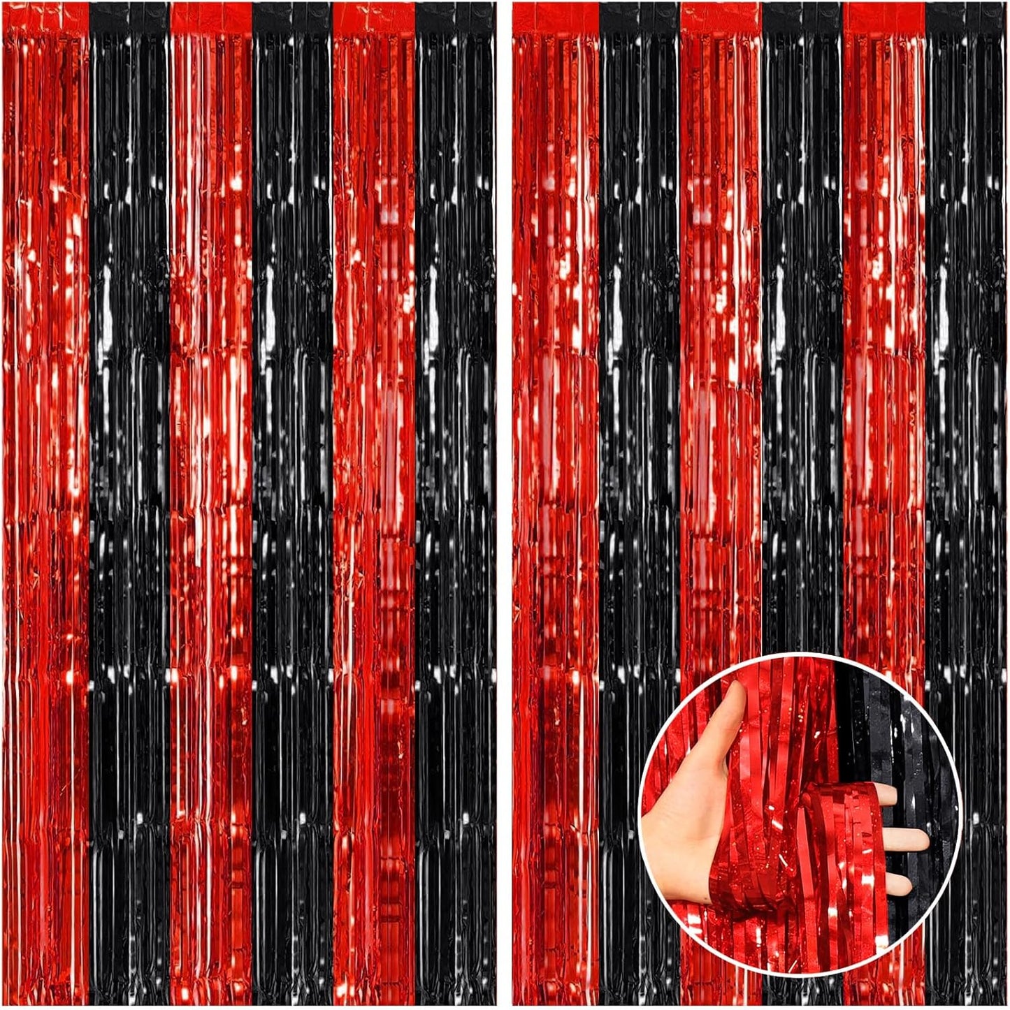 CANREVEL 2 Pack 3.3x8.2 Feet Black and Red Foil Fringe Backdrop Curtains, Tinsel Streamers Birthday Party Decorations, Fringe Backdrop for Graduation, Sneaker Ball, Casino Theme Party