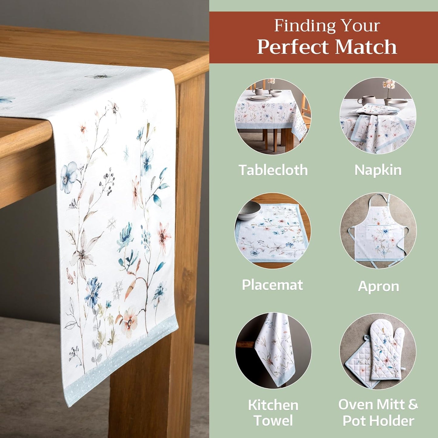 Maison d' Hermine Table Runner 100% Cotton Double Layer Table Runners 108 inches Long for Thanksgiving Christmas Decorations Home Kitchen Dining Party Wedding (Ice Florals, 14.5" x 108")