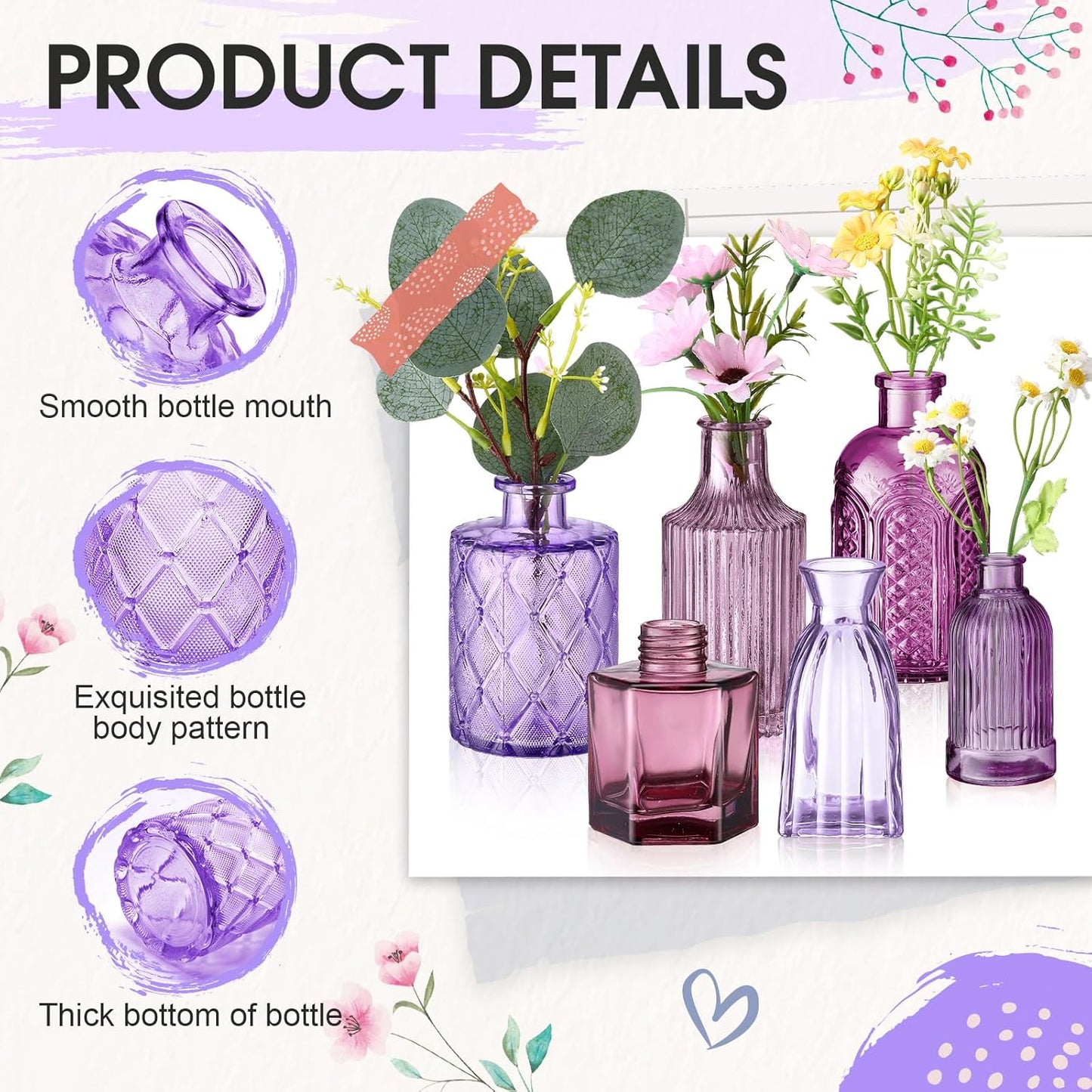 Yaomiao 30 Pcs Vases Bulk Colored Flower Glass Vases Bud Vintage Colored Glass Bottles Colorful Rustic Embossed for Home Wedding Table Decorations Gifts(Purple Series)