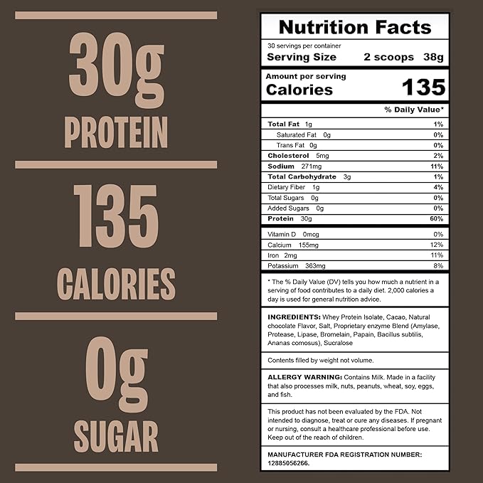 Chocolate Whey Protein Powder, 30G of Protein, Low Calorie & Fast-Absorbing, 0 Sugar, Soy-Free & Gluten-Free Protein Powder, 30 Servings