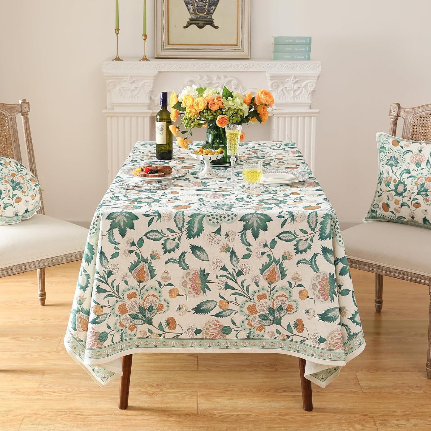 patdrea Designer Green Long Rectangle Table Cloth,Vintage Italian Floral Country Linen Breathable Tablecloth,Decor Cover for Kitchen Dining,Christmas,Tea Party,Thanksgiving,63"x102"-Tree Life