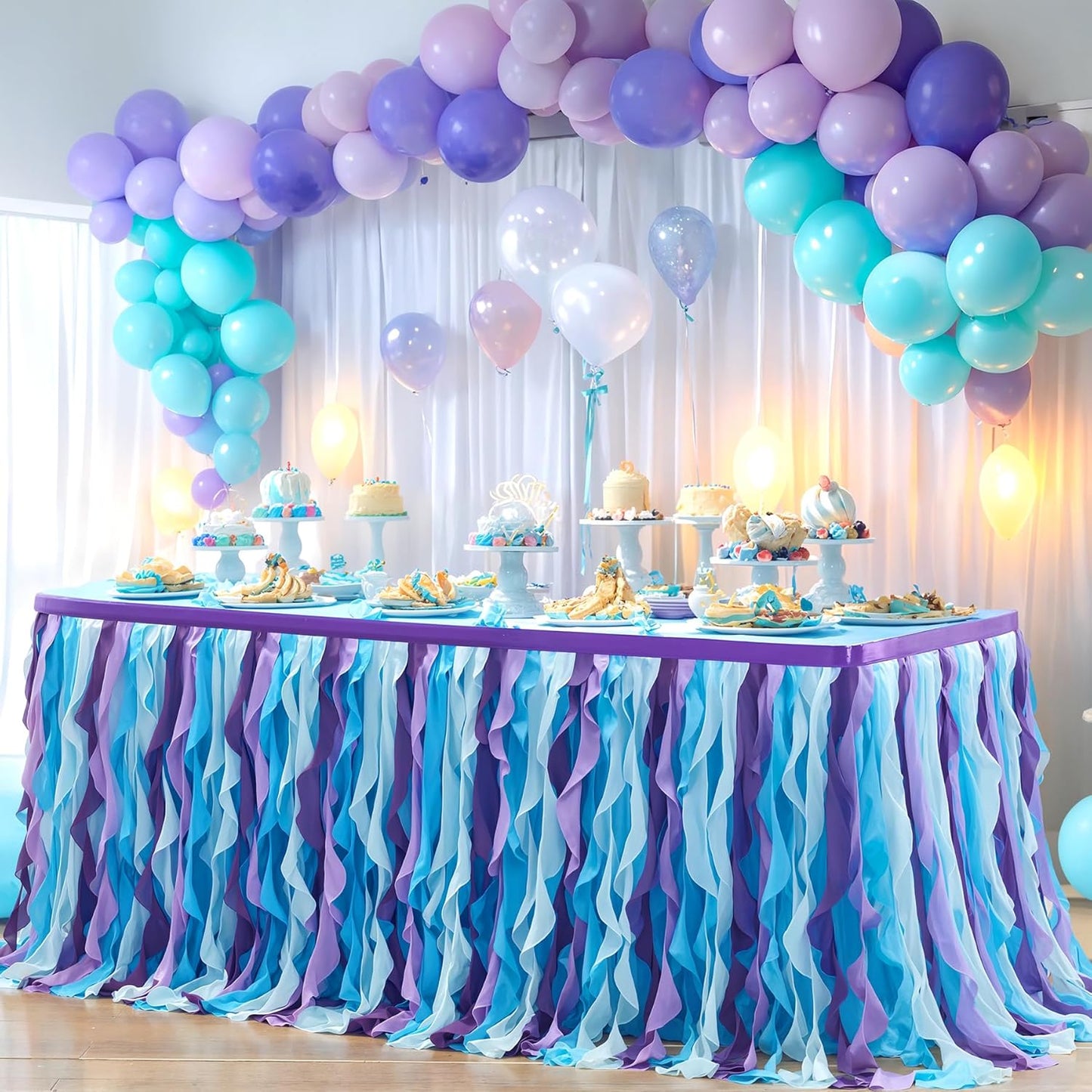 PARTISKY Mermaid Tulle Tutu Ruffle Curly Willow Table Skirt for Rectangle Table 6ft, Mermaid Themed Party Table Cloth for Girls Birthday Party or Baby Shower