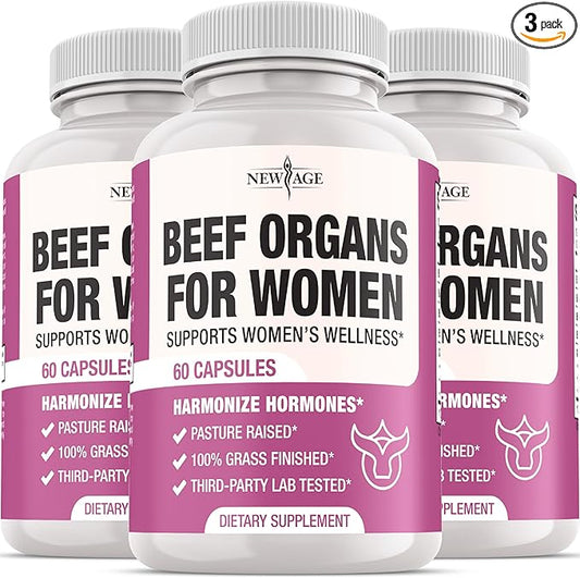 NEW AGE Beef Organ Supplement for Women - Beef Liver, Kidney, Heart and Uterus Tissue, Supports Women's Overall Energy and Health - Pasture Raised, Grass Fed - No Fillers - 180 Capsules