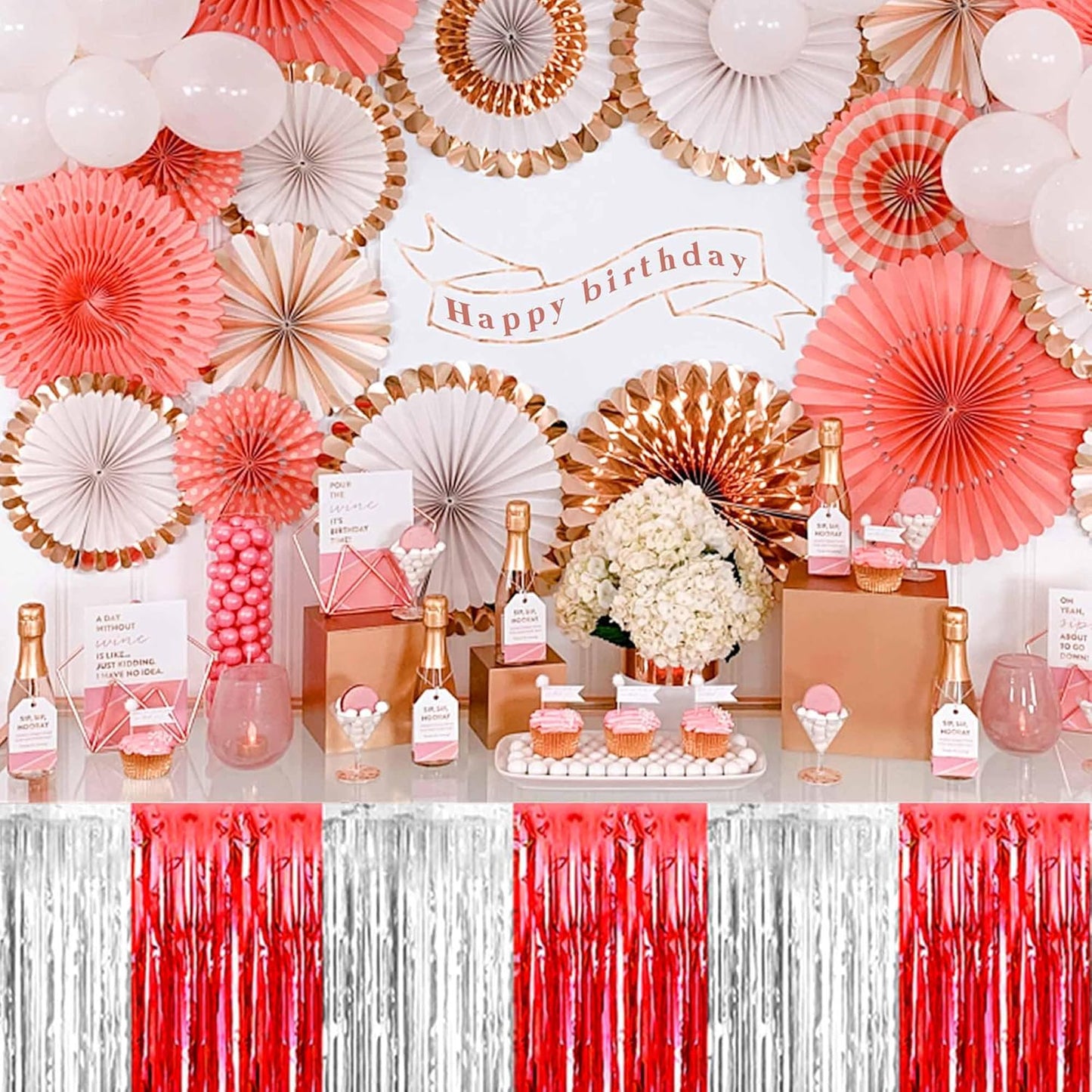 3 Pack 29 x108 Inch Red and Silver Foil Fringe Table Skirts Metallic Banner for Tinsel Streamer Garland Backdrop for Parade Floats Mother's Day, Graduate, Birthday, Wedding Party Decoration