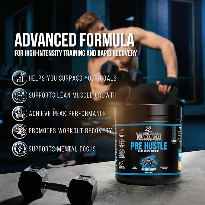 BLACKLABEL Supplements PRE Hustle V3 Pre-Workout Powder – NSF Certified for Sport – Energy, Strength & Endurance Support – Blue Razz – with Creatine & Caffeine – 30 Servings