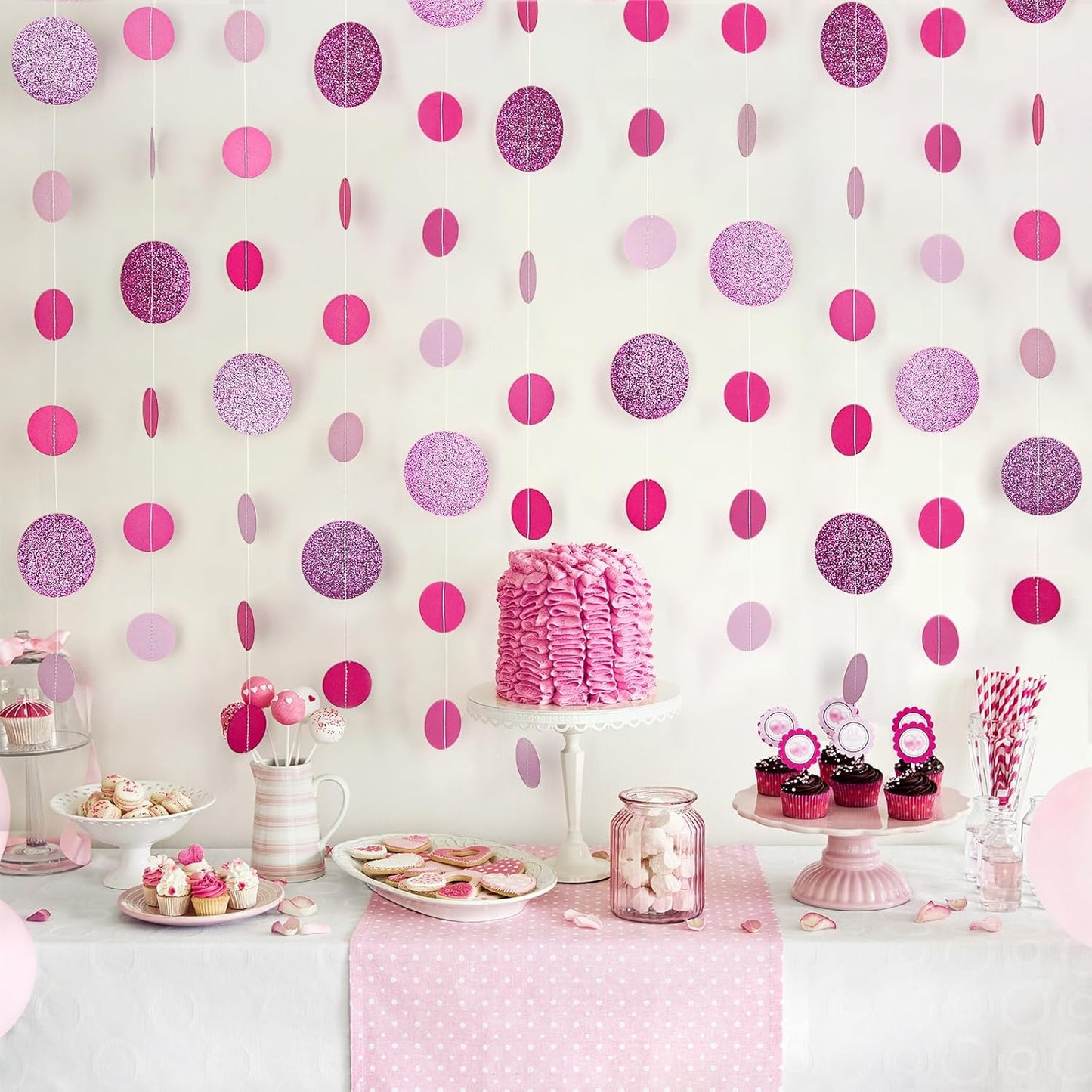 8 Pack Pink Glitter Dot Garland, Hanging Circle Streamers Banner, Backdrop Hanging Decorations for Bridal Showers, Baby Showers, Valentine’s Day, Birthdays, and Romantic Celebrations