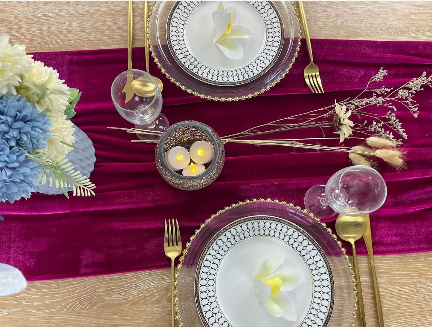 Luxurious Velvet Table Runner, 10ft Wedding Reception Decorations, 20x120inch Soft Velvet Fabric, Table Linen Overlay, Wedding Table Runners (Fuchsia, 20X120inch)