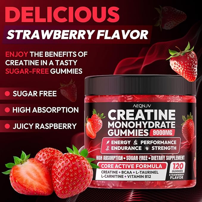 Creatine Gummies Monohydrate Complex 9000MG, Chewable Creatine Monohydrate Gummies for Men & Women with L-Taurine, BCAA 2:1, B12/6, Building Muscle Strength and Boost Focus, 30 Days Supply