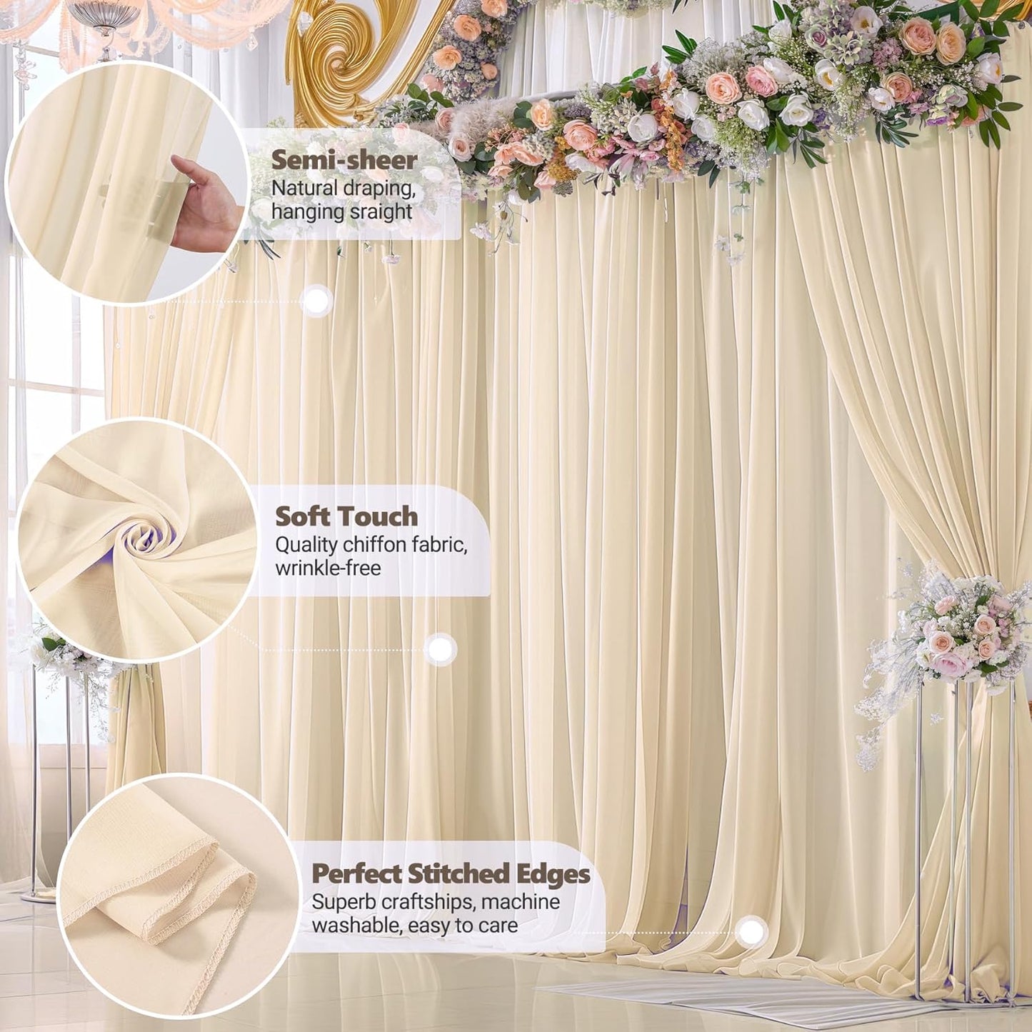 10ft x 10ft Champagne Backdrop Curtains, Wrinkle-Free Sheer Chiffon Fabric Photo Backdrop Drapes for Wedding Arch Party Ceremony Stage Photography Decorations
