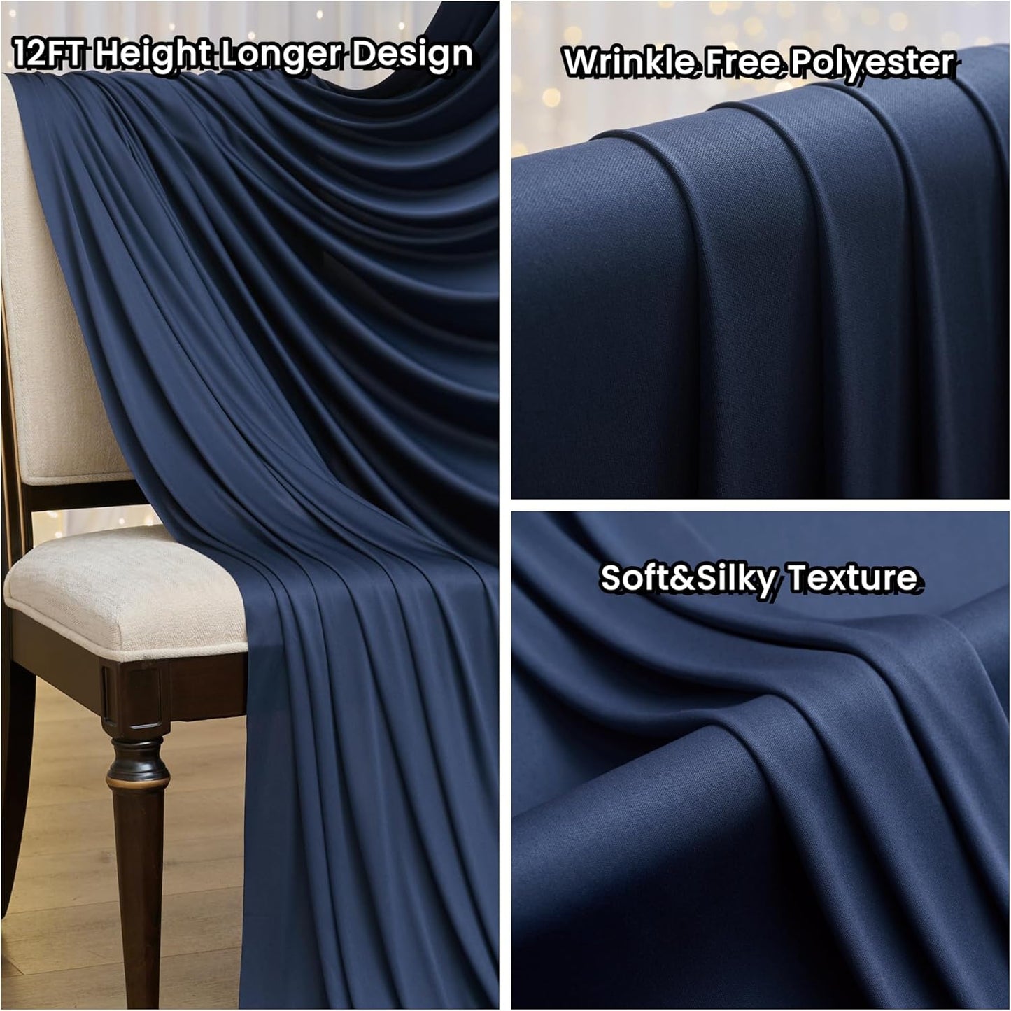 60ftx12ft Wrinkle Free Navy Blue Backdrop Curtain, 12 Panels 12FT Height Navy Blue Wedding Backdrop Drapes, Silky Polyester Back Drop Cloth for Birthday Photography Background Party Backdrop Draping