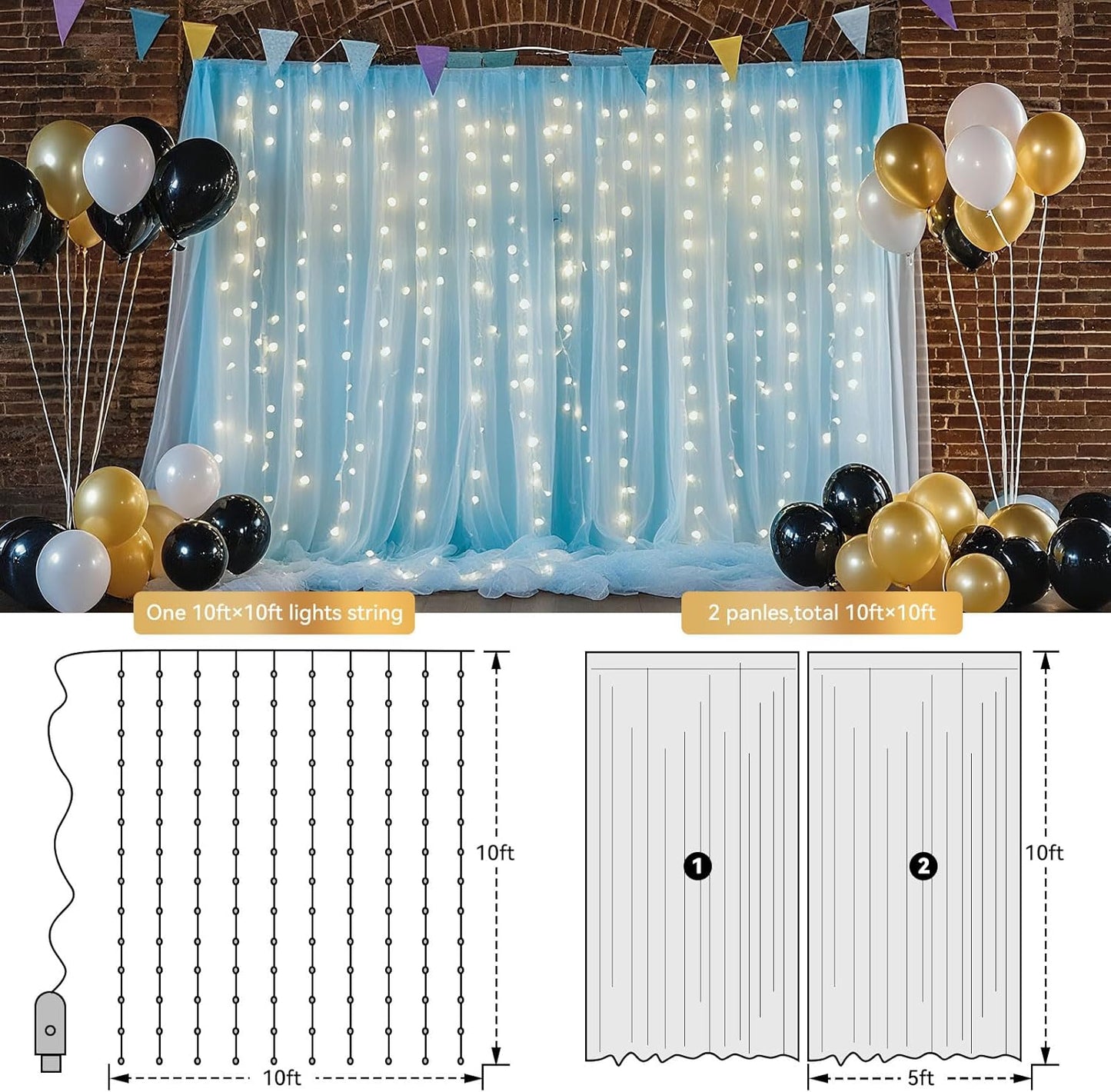 10×10ft Tulle Backdrop Curtains with Lights String - 300LED Fairy Lights Sheer Curtain Backdrop for Weddings Baby Shower and Birthday Party Decorations(6 Panels 5×10ft)
