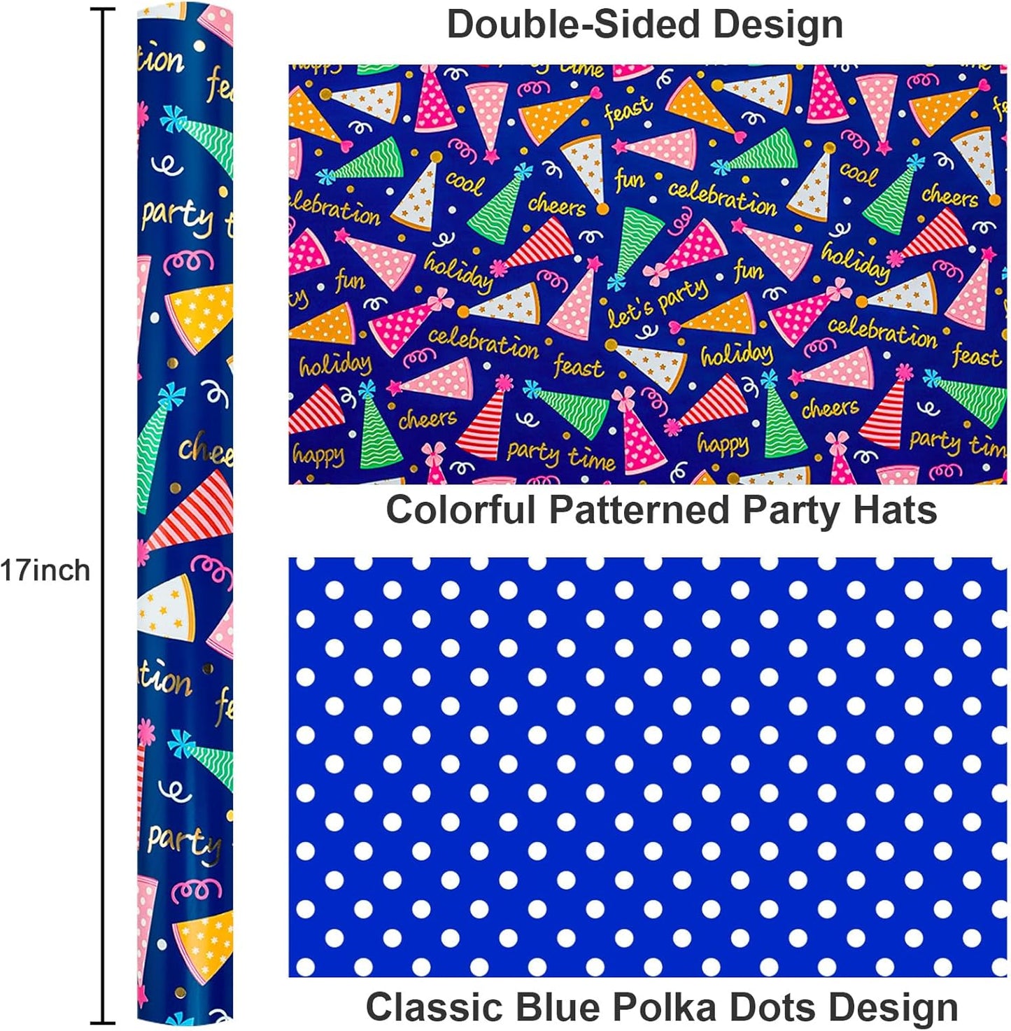 Yarcony Boys Birthday Wrapping Paper Roll - 17 Inch X 33 Feet - Reversible Metallic Foil Navy Blue Men Boy Gift Wrap Paper Blue Wrapping Paper for Birthday, Party, Baby Shower, Holiday, Father's Day