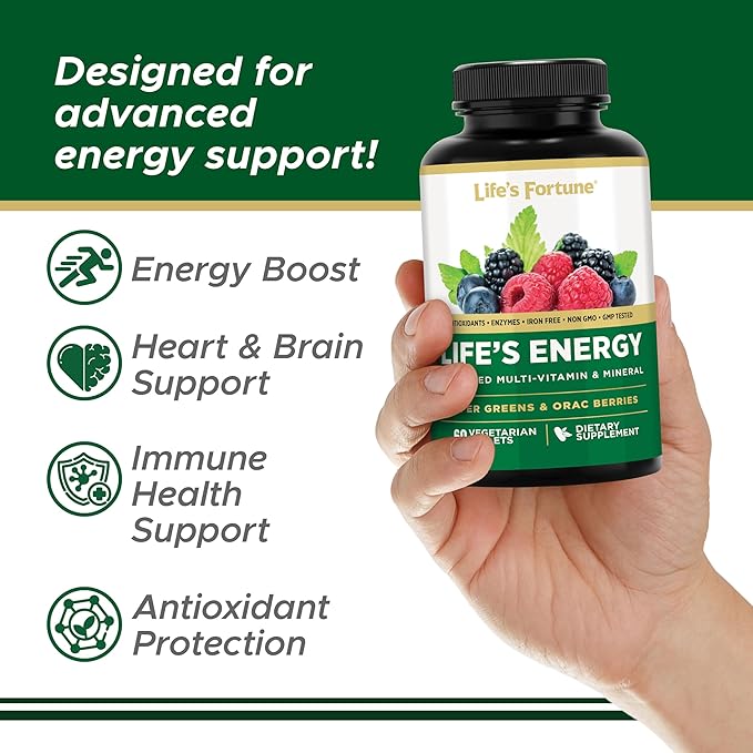 Life's Energy Advanced Daily Multivitamin for Men & Women, Energy and Immune Support Supplement with Super Greens, Antioxidants, Enzymes - Iron Free, Vegetarian, 60 Tablets by Life's Fortune