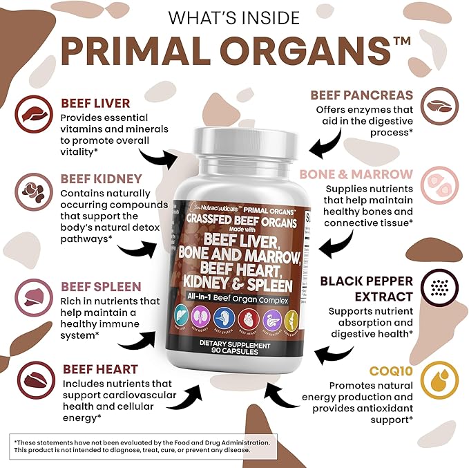 Clean Nutraceuticals Grass Fed Beef Liver Capsules - Premium Quality Supplement Packed with Desiccated, Beef Heart, Spleen, Pancreas Plus Bone & Marrow Dao Enzyme Pills