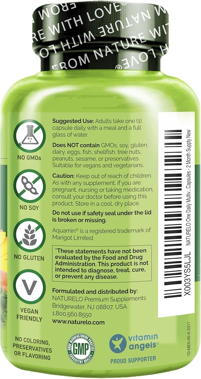 NATURELO Mens Multivitamins - One Daily Multivitamin for Men with Vitamins, Minerals & Organic Whole Foods, Boost Energy & Health, Non-GMO, 60 Vegetarian Capsules