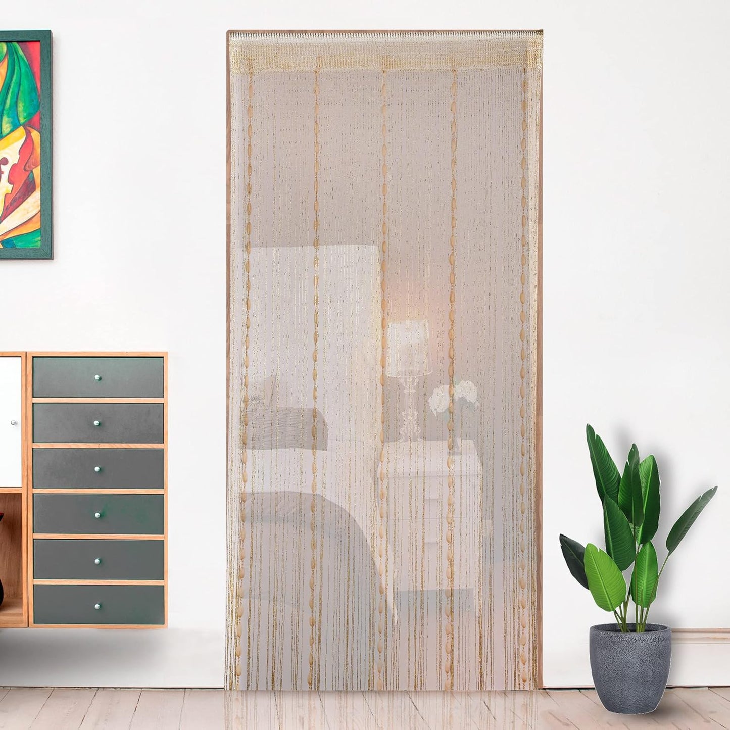 Hysenm Door String 39x79 Inch Curtains Beige Panel Soft Balls Romantic Glitter Fringe Room Divider Home Décor Wedding Girls Bedroom Window Living Room Backdrop Party Doorways Closet Doors, Beige