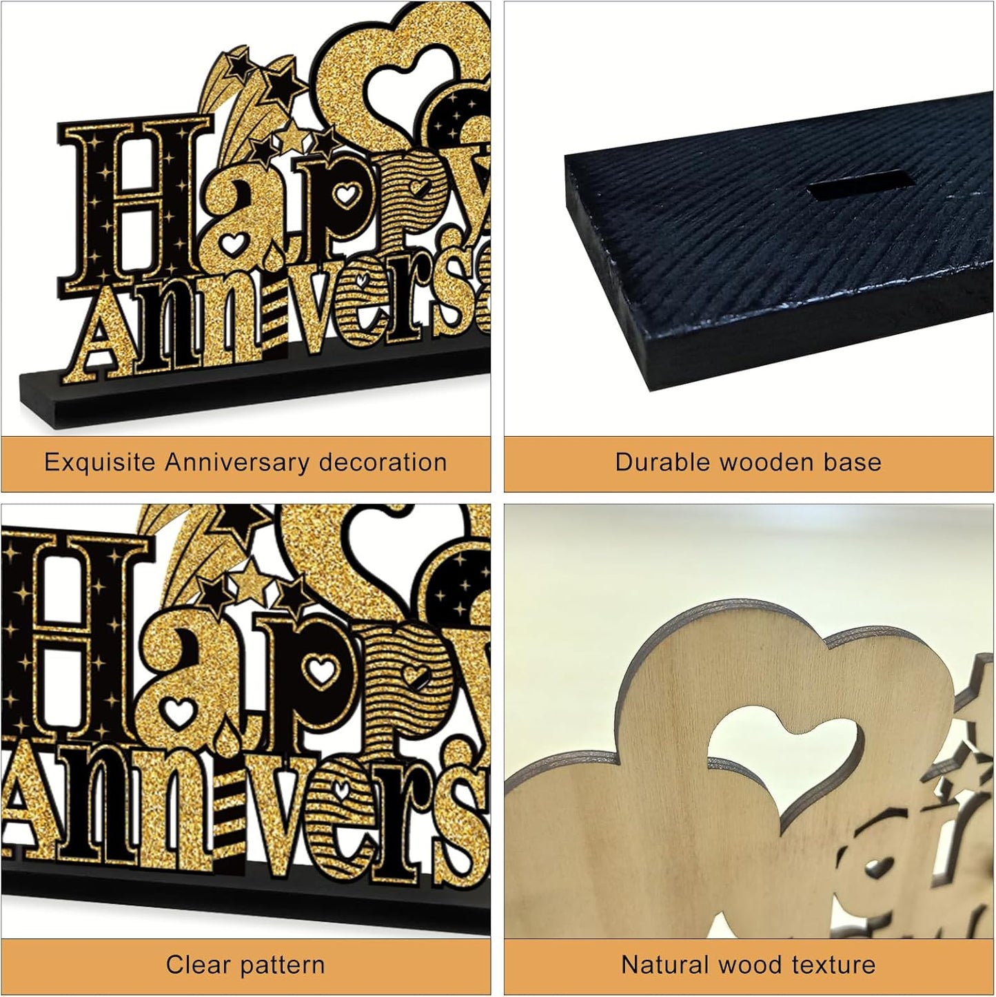 4 Pieces Anniversary Decorations Wooden Table Centerpieces, Black Gold Happy Wedding Anniversary Table Sign Party Supplies, 10th 20th 30th 40th 50th 60th Anniversary Table Decor for Indoor Outdoor