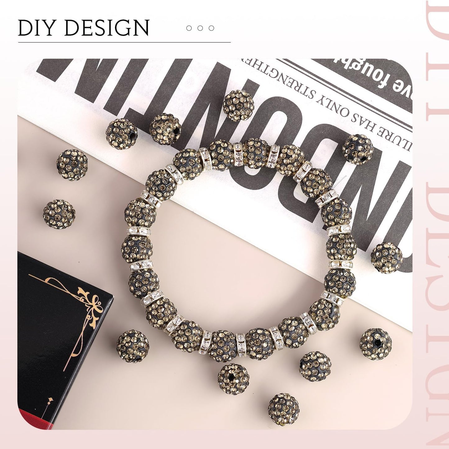 100pcs 10mm Rhinestone Beads for Jewelry Making, Gray Shiny Round Shamballa Disco Ball Beads Bulk, Sparkle Crystal Clay Christmas for Bracelet Baseball Necklace Earring Crafting and DIY