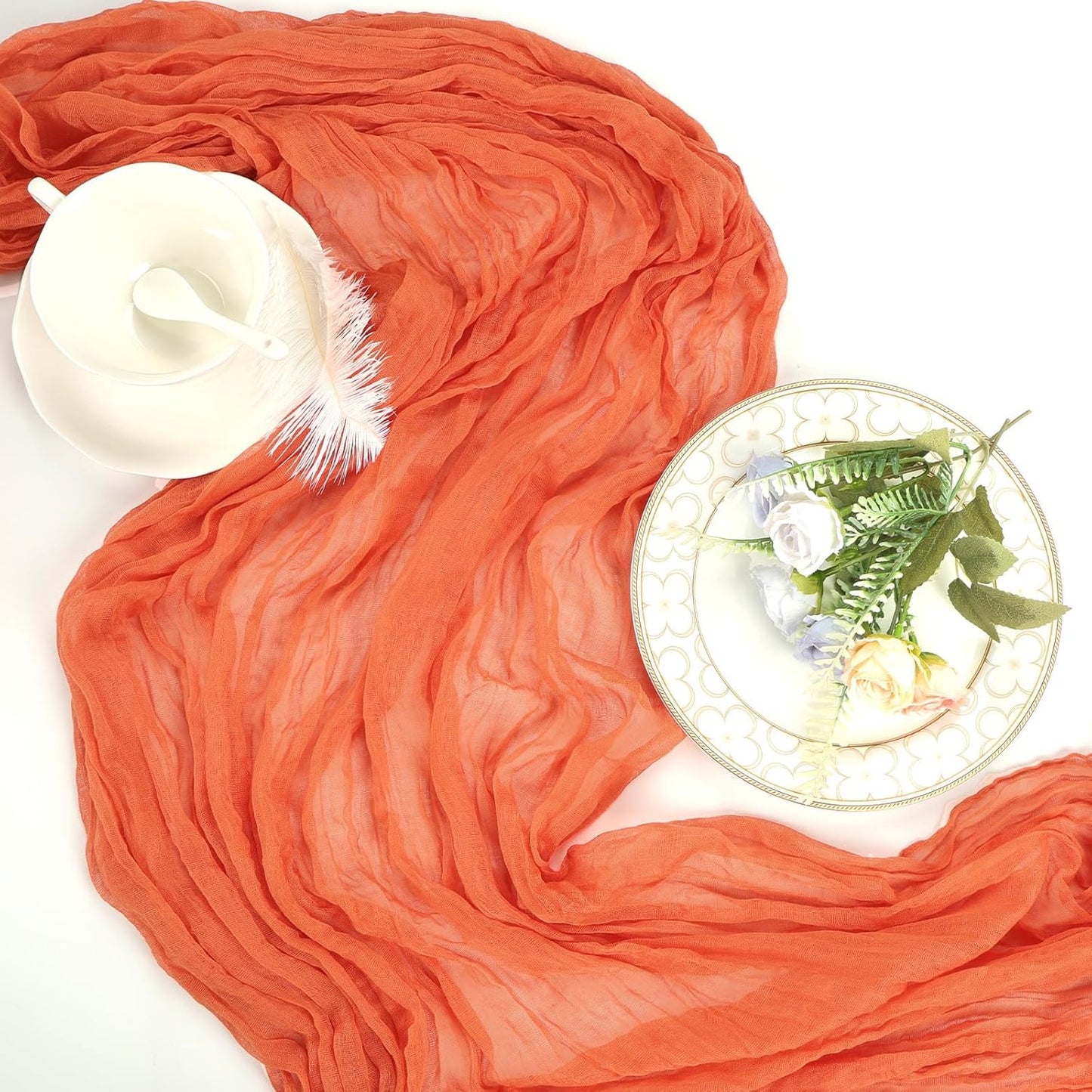 12 Pack Fall Thanksgiving Table Runner Orange 10ft Boho Gauze Fabric Cheesecloth Table Runner 35 x 120 Inch Rustic Sheer Runner for Wedding Home Décor Halloween Party Table Centerpiece Decorations