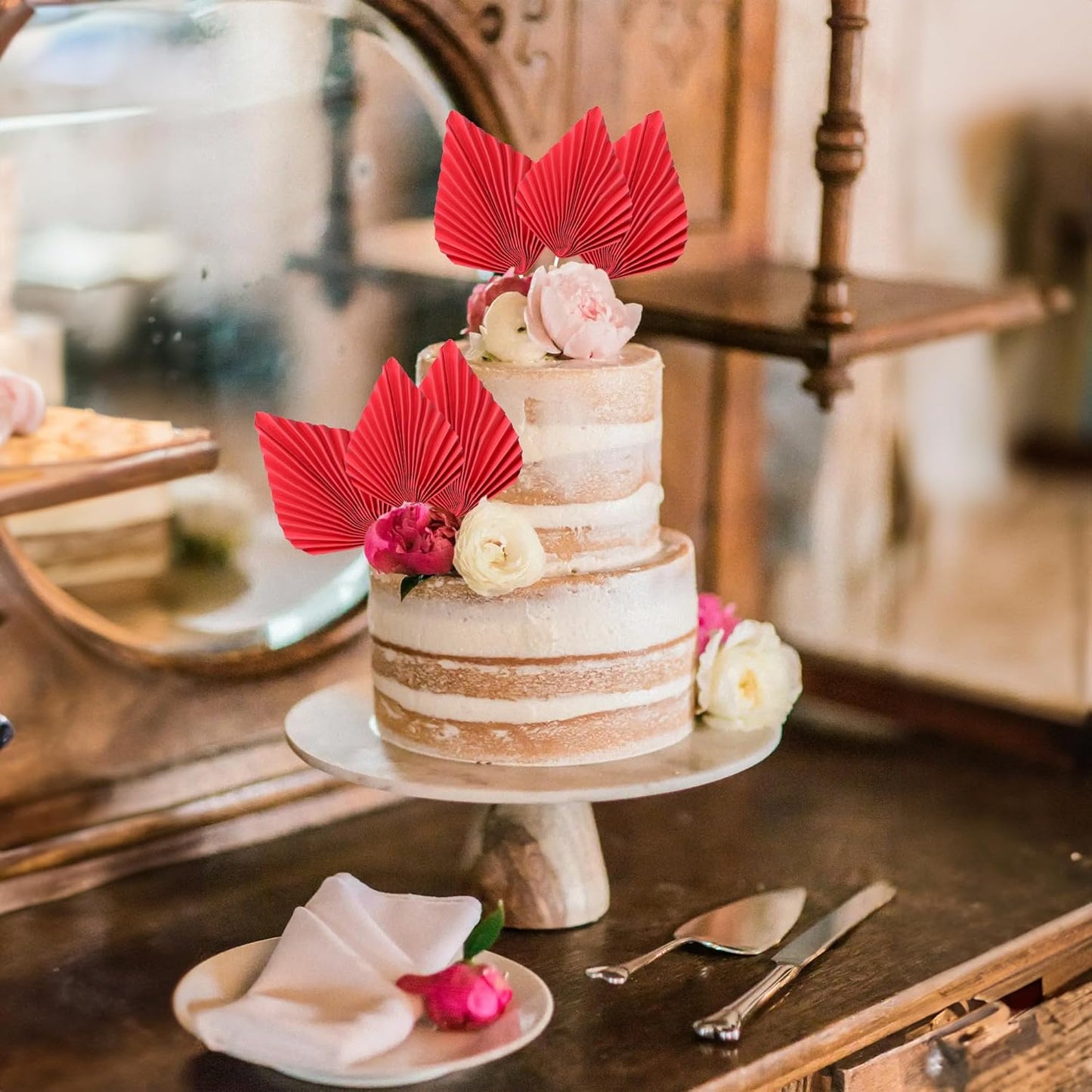 Ephlyn 6Pcs Paper Palm Fan Cake Topper Palm Leaf Fan Cake Pick Palm Spear Leaf DIY Cake Decorations for Bakeware Baby Shower Wedding Bridal Shower Birthday Anniversary Party Red