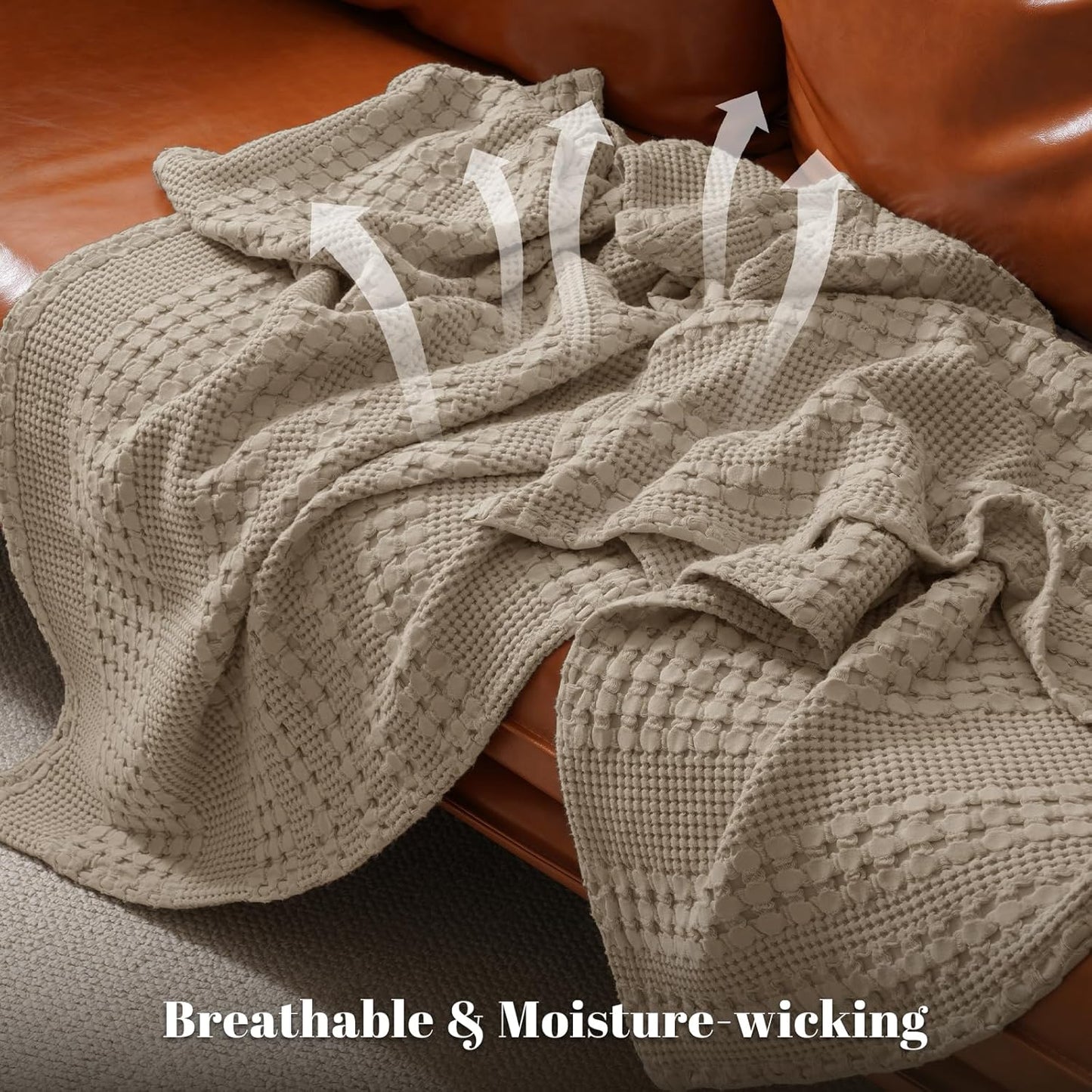 PHF 100% Cotton Waffle Weave Blanket Queen Size for Bed, Soft Lightweight & Breathable, All-Season Comfort, Luxury Aesthetic Woven Bedding for Home Decor, 90"x90", Simply Taupe