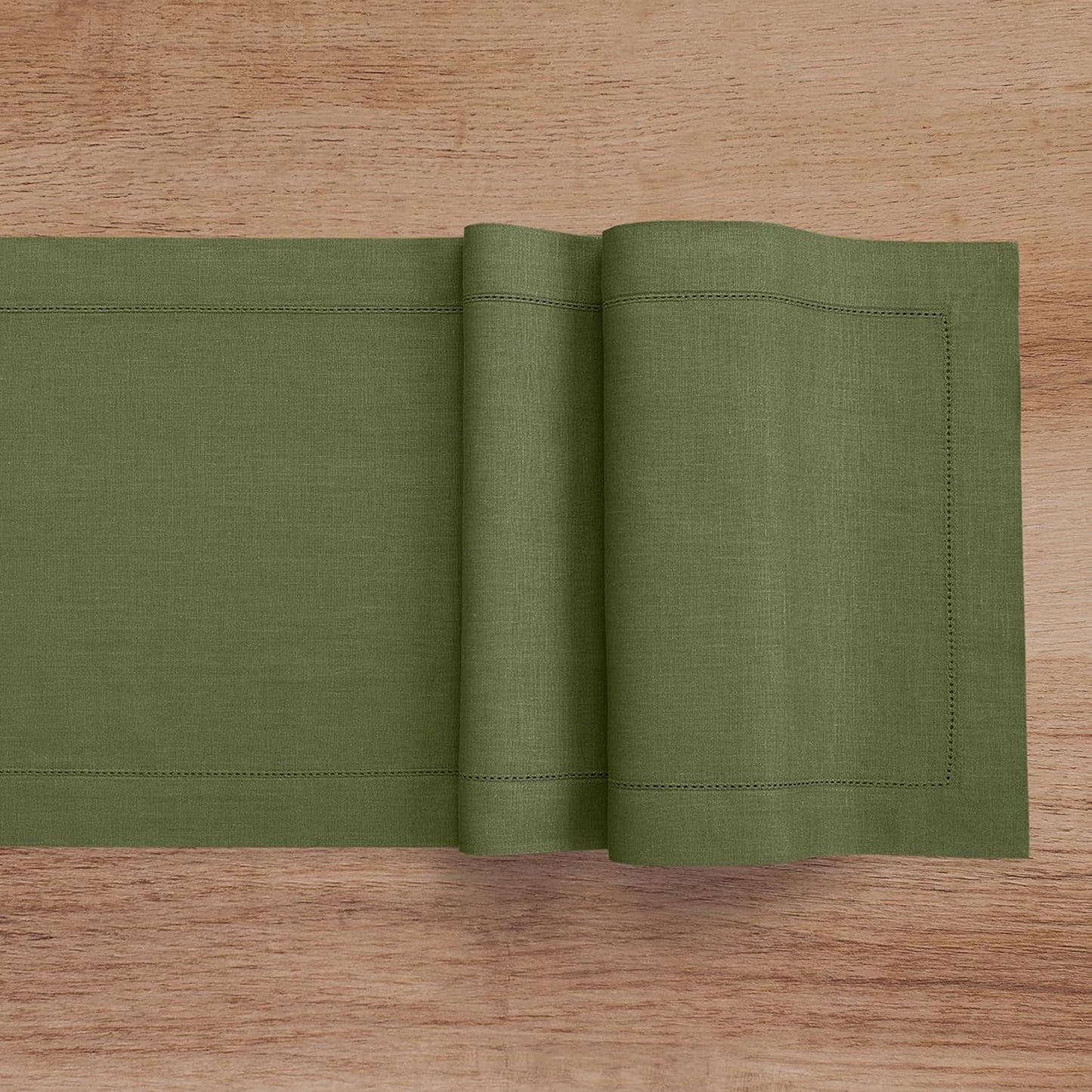 Solino Home Linen Table Runner 60 Inches - 100% Pure Linen Olive Hemstitch Table Runner 14 x 60 Inch Ideal for Dresser and Coffee Tables - Classic Hemstitch - Thanksgiving