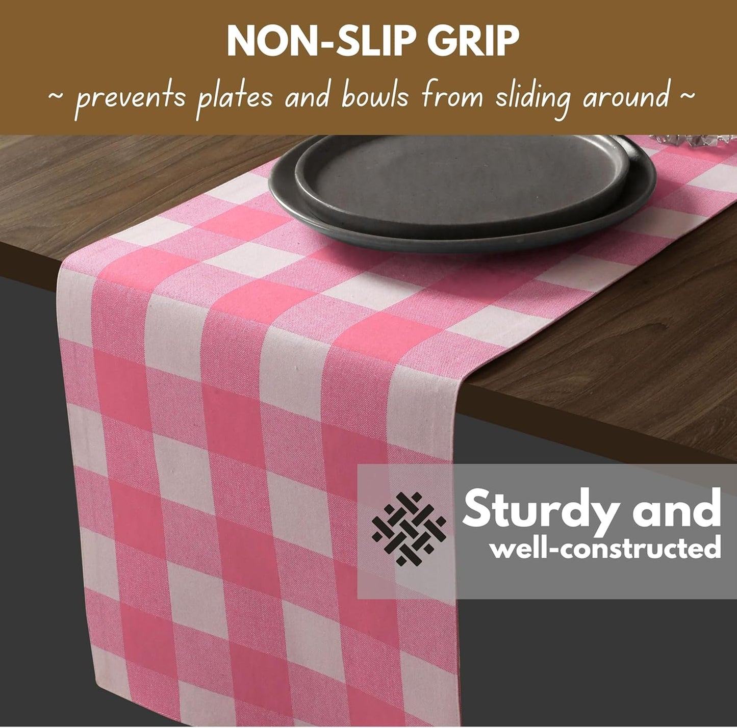 Native Fab Table Runner Buffalo Check Plaid 100% Cotton - 13x90 Inches Kitchen Dining Table Decoration for Indoor Outdoor Farmhouse Home Party Decor - Pink and White