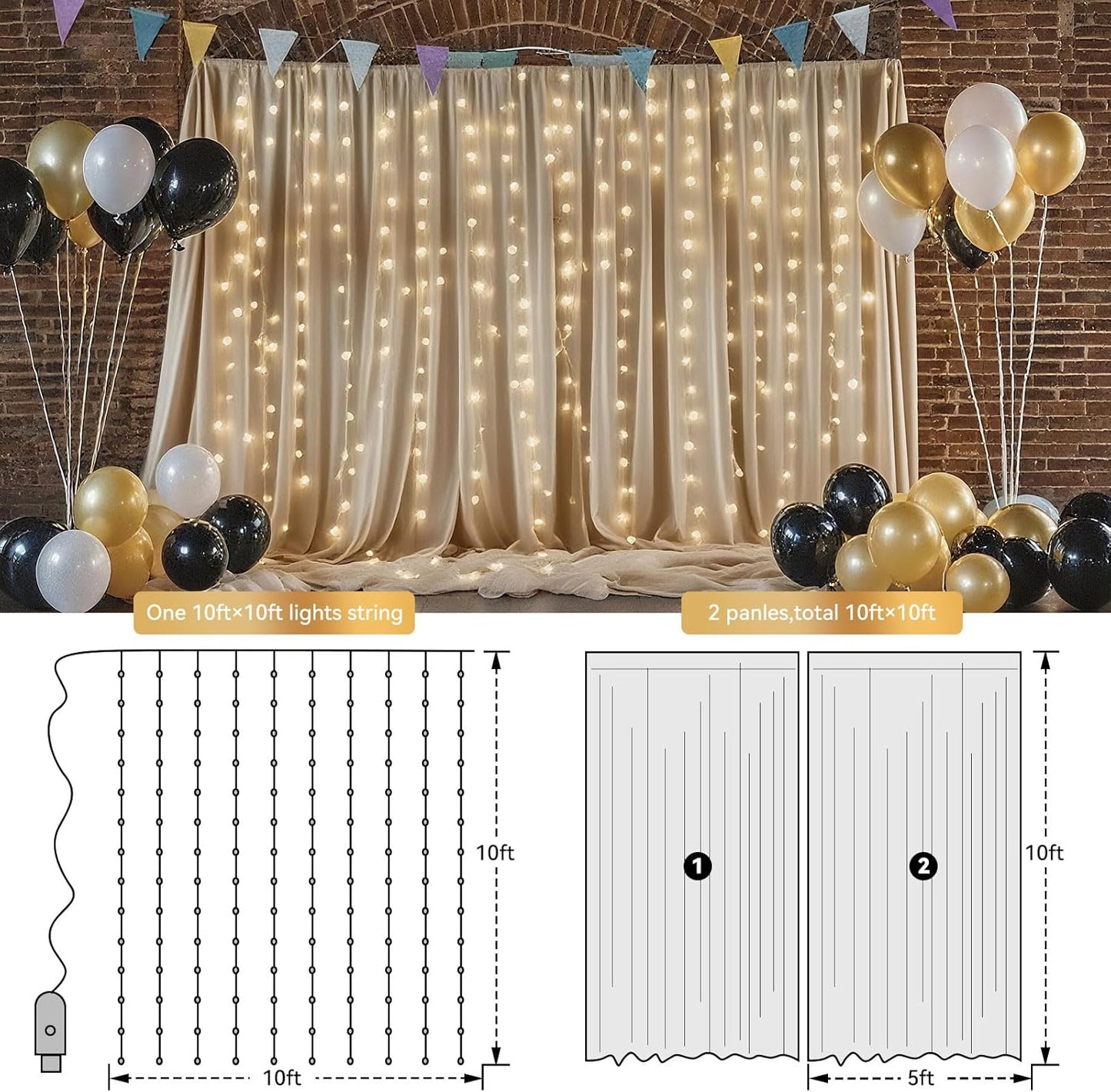 10×10ft Tulle Backdrop Curtains with Lights String - 300LED Fairy Lights Sheer Curtain Backdrop for Weddings Baby Shower and Birthday Party Decorations(6 Panels 5×10ft)