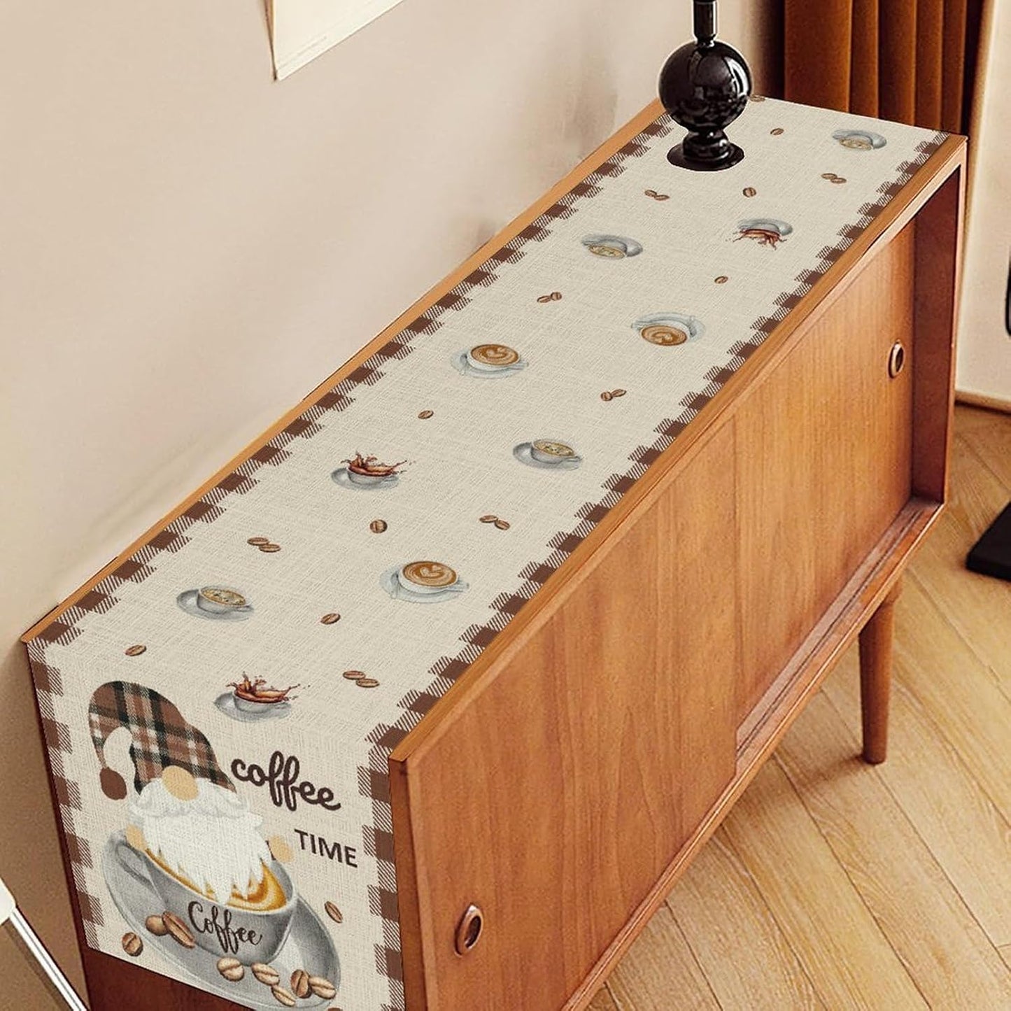 Coffee Time Table Runner, Farmhouse Retro Gnome Coffee Cup Tea Party Cafe Table Center Decor for Home Kitchen Dining Patio Holiday Party Indoor Outdoor Table Decorations,13"x72" Inch