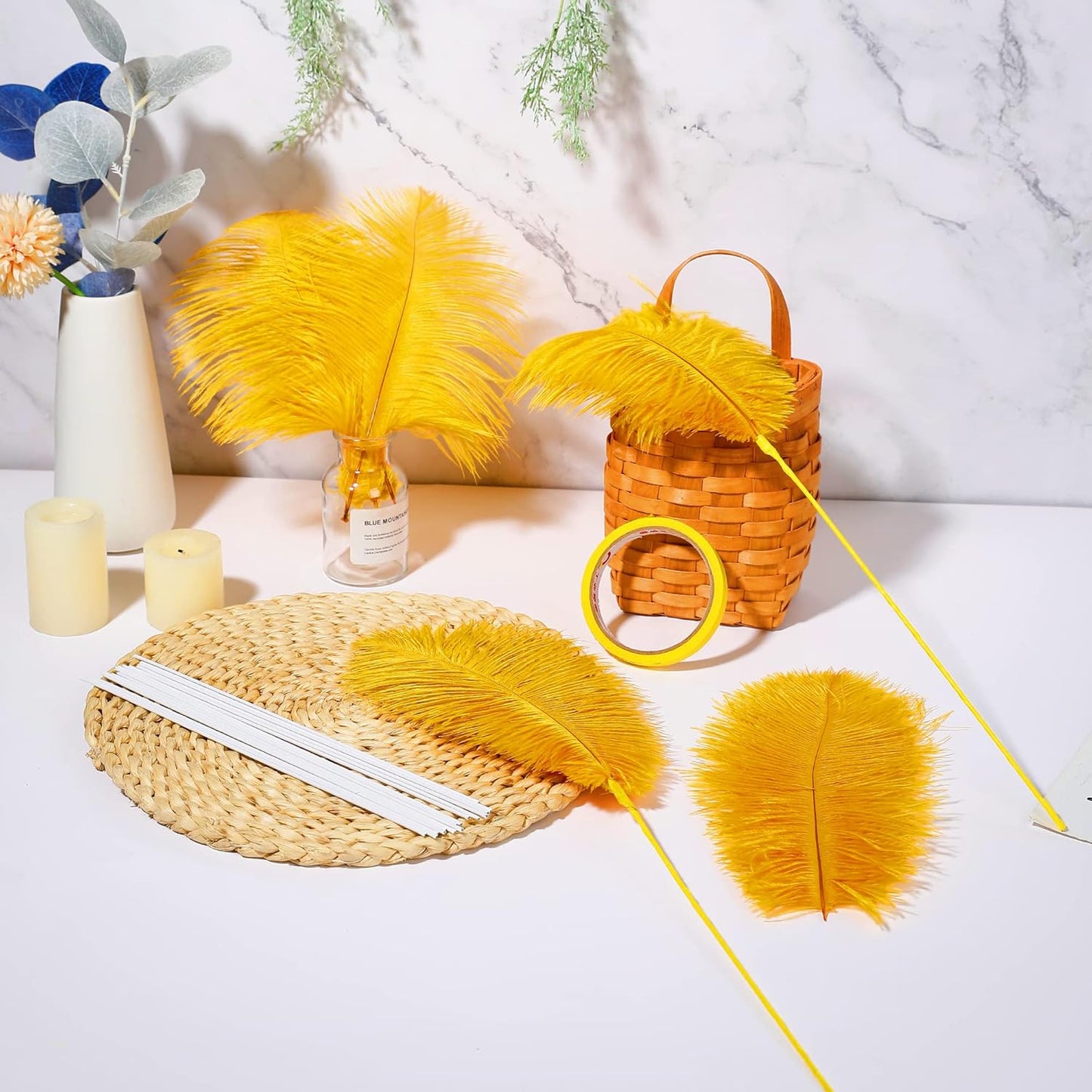 Holmgren Ostrich Feather for Centerpieces - 20pcs Making Kit 22 Inch Gold Ostrich Feathers for Vase, Floral Arrangement, Wedding Party Home Decorations (Luxury Gold)