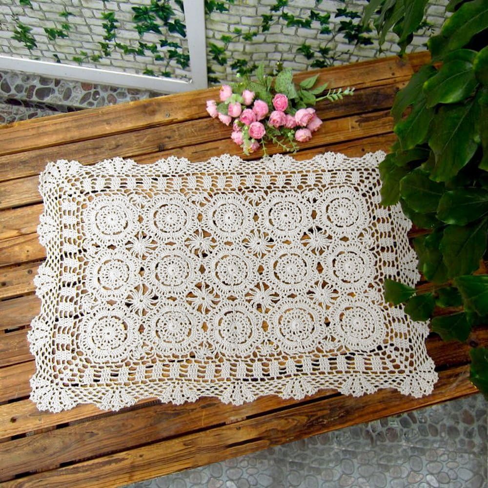 Cotton Handmade Crochet lace Table Runners Rectangular Tablecloth Doilies Doily Table Dresser Scarf Décor,19x35Inch,White