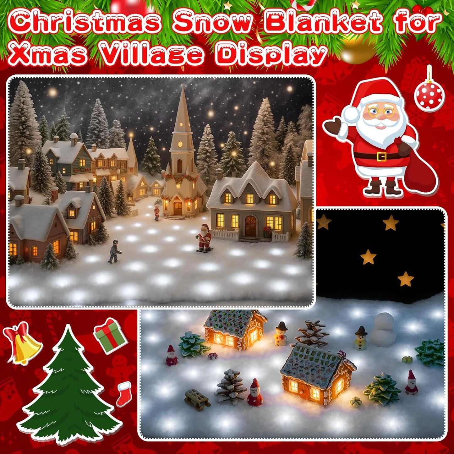 VIHOSE Christmas Snow Blanket with LED Lights String Pre Lit Artificial Fake Snow Blanket Roll Lighted Table Runner for Christmas Tree Village Display Winter Holiday Decor(White Light,59'' X 16'')