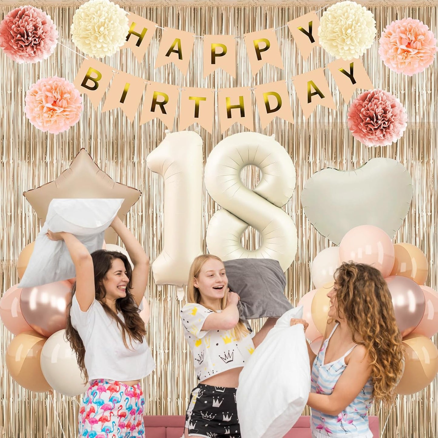 Beige 18th Birthday Decorations Girls Boys Cream Number 18 Balloon Nude Gold Happy Birthday Banner Fringe Curtain Paper Pom Poms Blush White Sand Champagne Star Foil Balloons Neutral Boho Party Decor