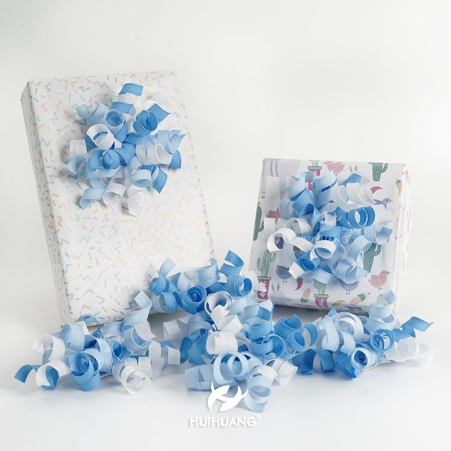 HUIHUANG Baby Boy Shower Gift Bows Blue and White Curly Ribbon Bows Self Adhesive Burst Gift Bow for Baby Birthday, Baby Shower Party Favors, Wine Bottle, Treat Bags, Gift Wrapping- 6 Counts