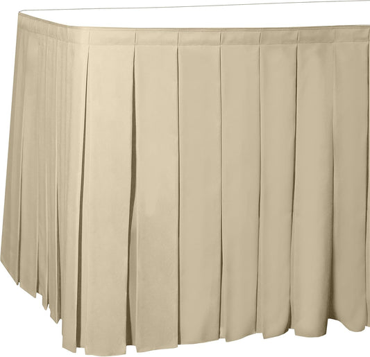 Ultimate Textile Pleat Polyester Fabric Table Skirt - Machine Washable Flame Resistant with Clips for Events, Weddings & Trade Shows, Cut & Sewn in Paterson, NJ - Tan, 7' Box Pleat