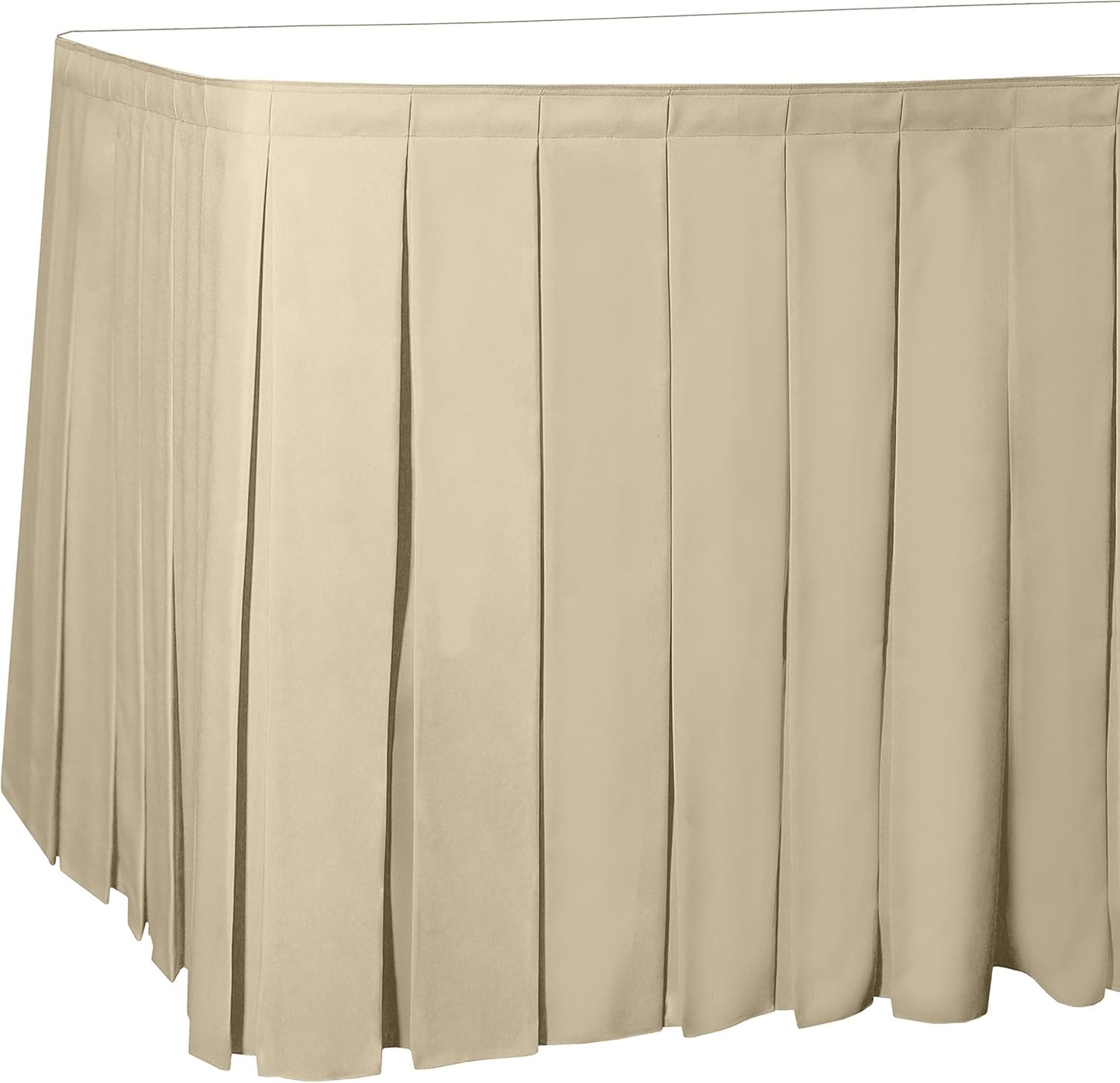 Ultimate Textile Pleat Polyester Fabric Table Skirt - Machine Washable Flame Resistant with Clips for Events, Weddings & Trade Shows, Cut & Sewn in Paterson, NJ - Tan, 14' Box Pleat