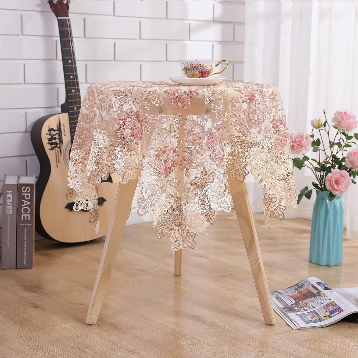 Round Embroidered Lace Tablecloth Vintage Decorative Exquisite Border Table Cover for Party Wedding Home Decorations, Round-35, Pink