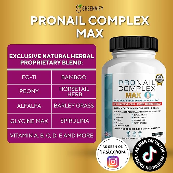 ProNail Complex Max Hair, Skin & Nails Premium Supplement with Biotin & Herbal Blend, 60 Capsules, 30 Day Supply (5)