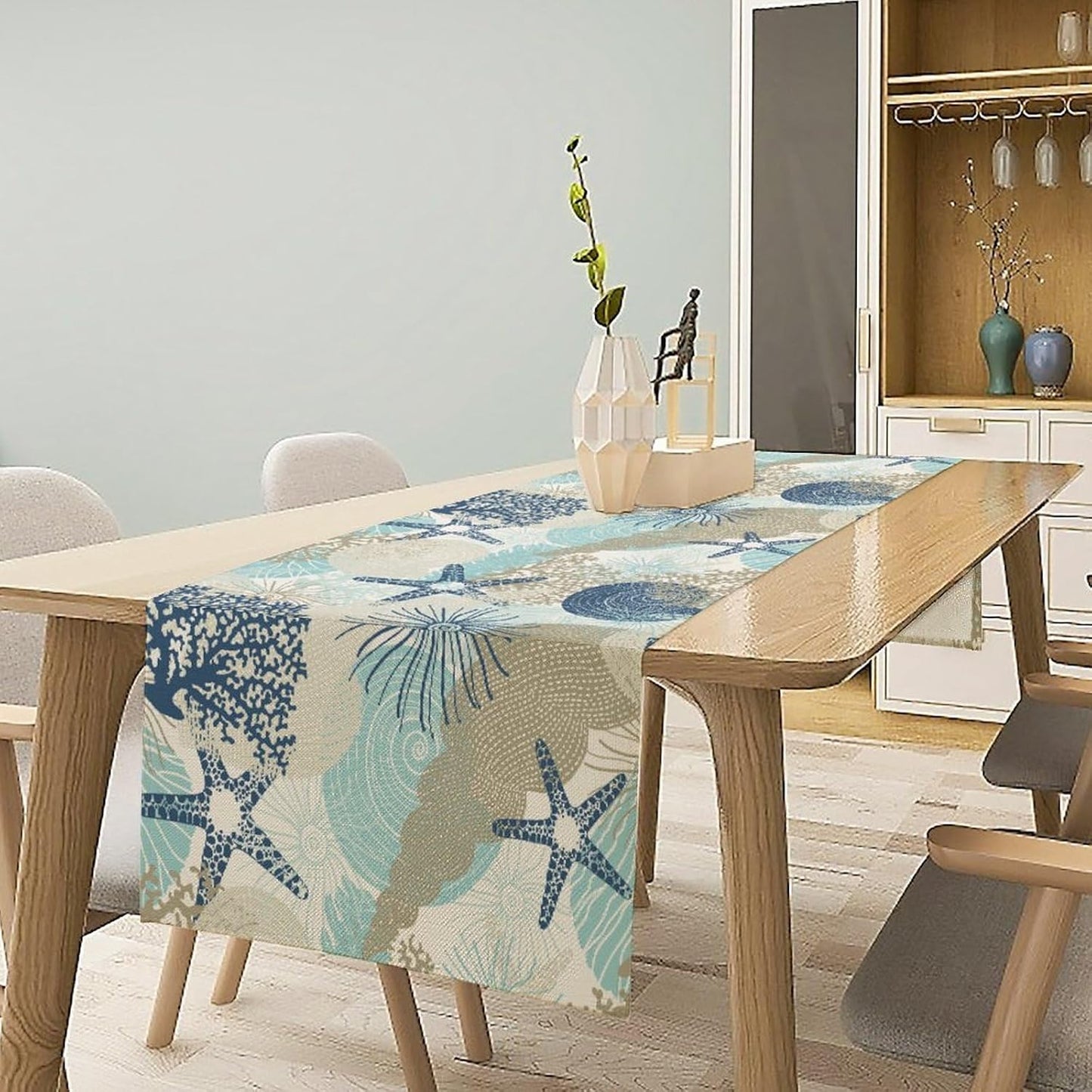 Nautical Coastal Table Runner，Ocean Themed Starfish Coral Conch Beach Kitchen Dinning Table Decoration for Indoor Outdoor Home Party Decor 13x90 Inch