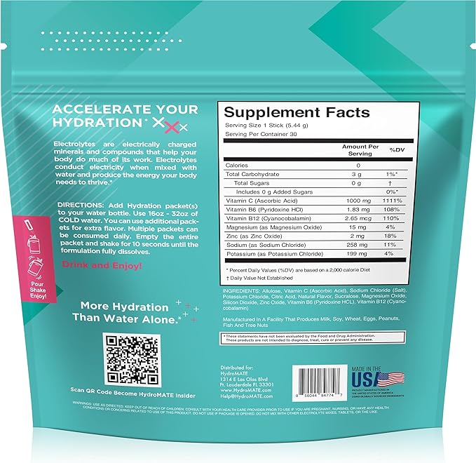 Electrolyte Powder Sugar-Free Hydration Packets Strawberry Lemonade HydroMATE 16 Sticks