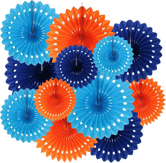 ZOOYOO Hanging Paper Fans Party Decorations,12 Pcs Blue Orange Honeycomb Round Fans,Ceiling Decor for Birthday,Wedding,Graduations,Tea Party Backdrop