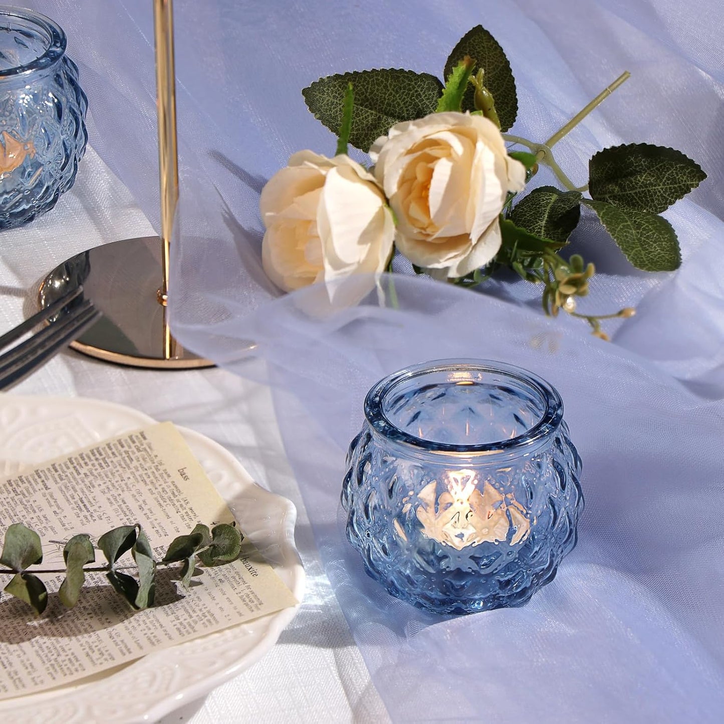 DARJEN 48Pcs Blue Round Candle Holders - Bulk Glass Candle Holders for Vintage Decoration, Tea Lights for Wedding Shower, Party & Gift