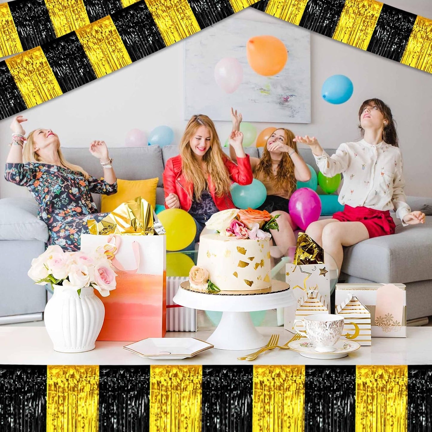 4 Pack 10 Ft Black and Gold Foil Fringe Garland Metallic Streamers Tinsel Banner Wall Hanging Garland Backdrop for Parade Floats, Halloween, Christmas, Thanksgiving, New Year Party Decorations