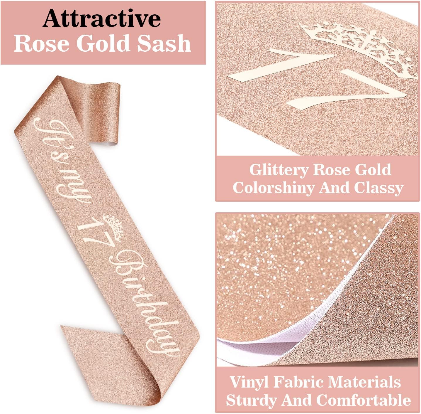 17th Birthday Decorations for Girls Including Birthday Girl Sash, Crown, Numeral Candles and Cake Topper, 17 Year Old Decorations Gifts, Rose Gold Party Decor Supplies