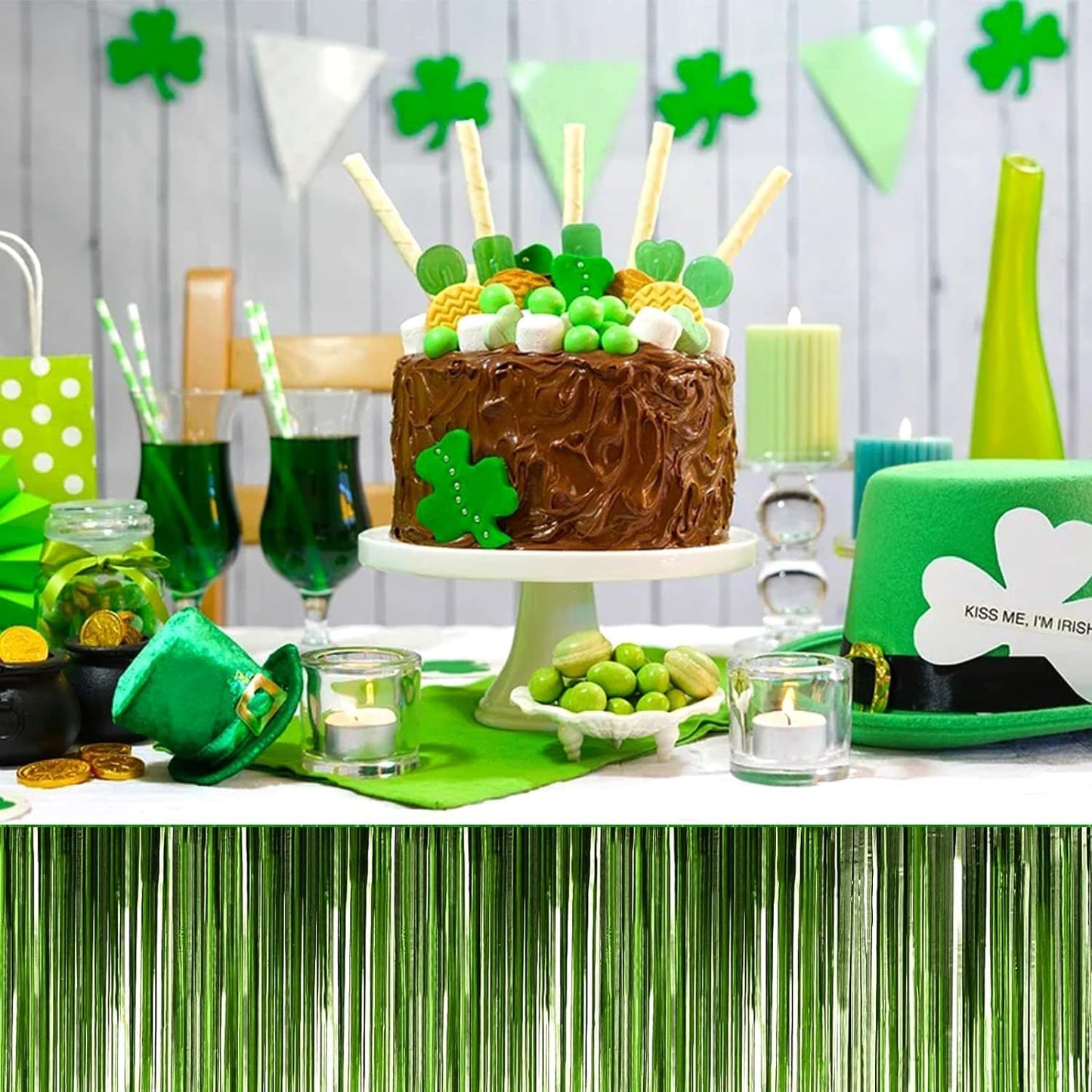 4P Metallic Foil Fringe Tinsel Table Skirts for Rectangle Tables Backdrop Banner Streamer Garland Curtains for Parade Floats Wedding Graduation Anniversary Birthday Parties Decoration (Light Green)