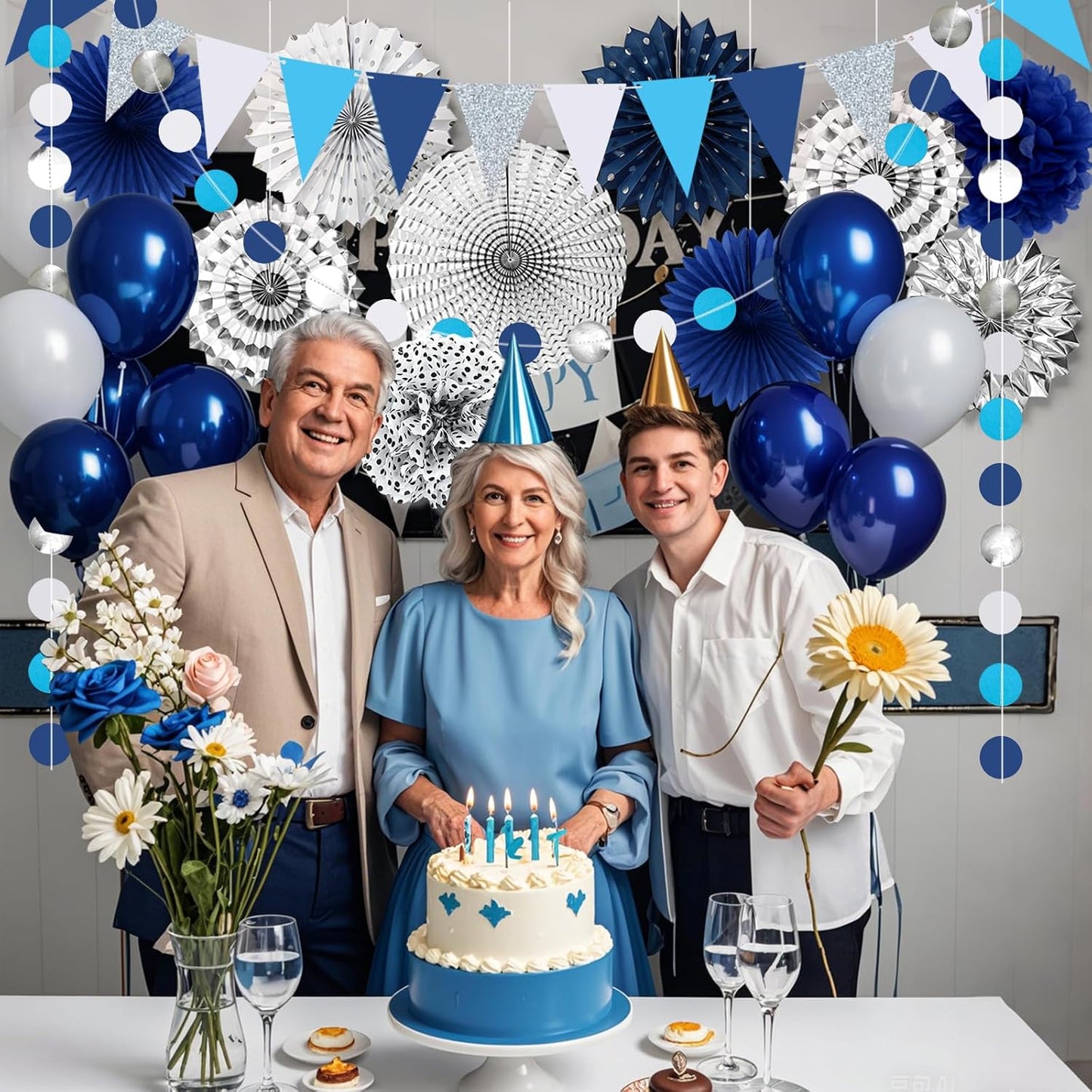 Navy-Blue White Silver Graduation Party-Decorations 33pcs Kits Banner, Paper Lantern Fans,Tissue Pom Poms Honeycomb, Streamers Tassel Garland,Bridal Shower Birthday Wedding Bachelorette Decor